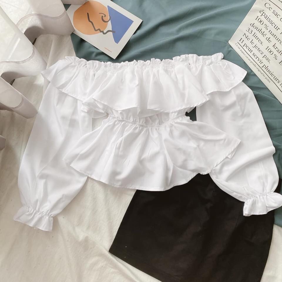 Áo kiểu nữ bẹt vai bèo tầng thắt eo tay dài tiểu thư