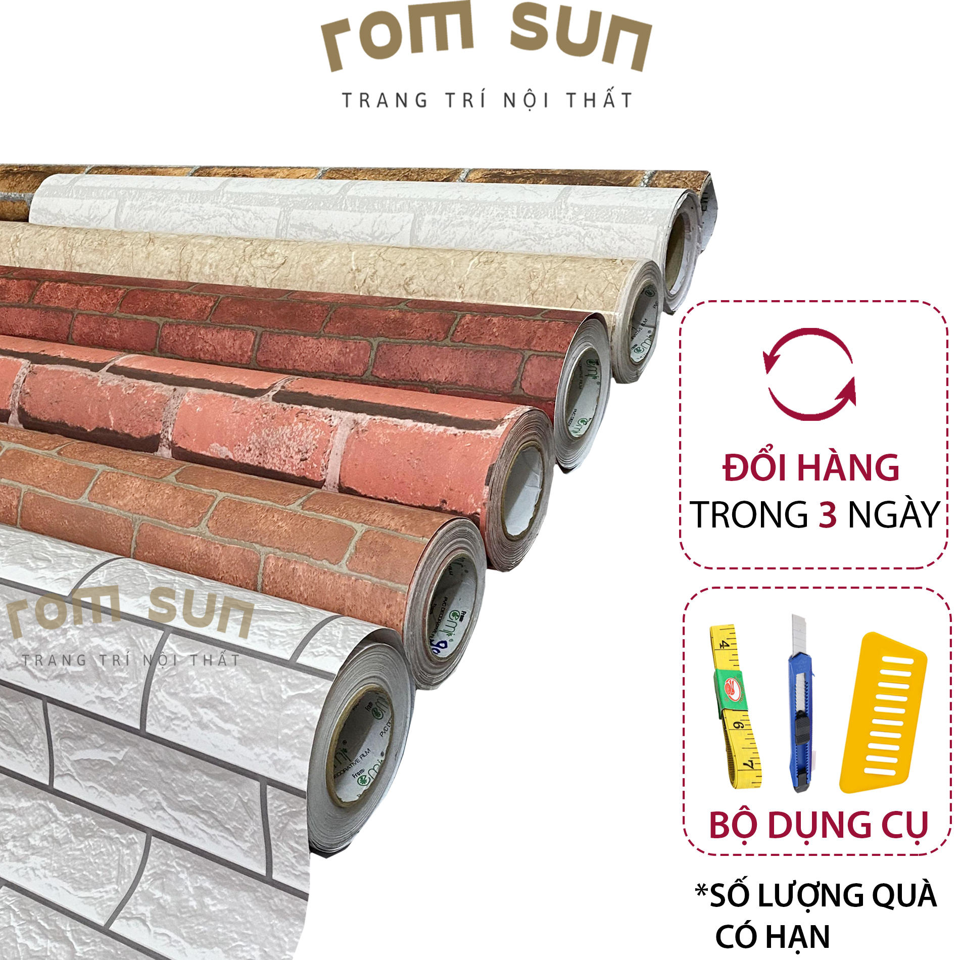 Giấy dán tường giả gạch khổ 120cm 3D trang trí phòng ngủ, Decal miếng dán tường gạch vintage cao cấp hàn quốc