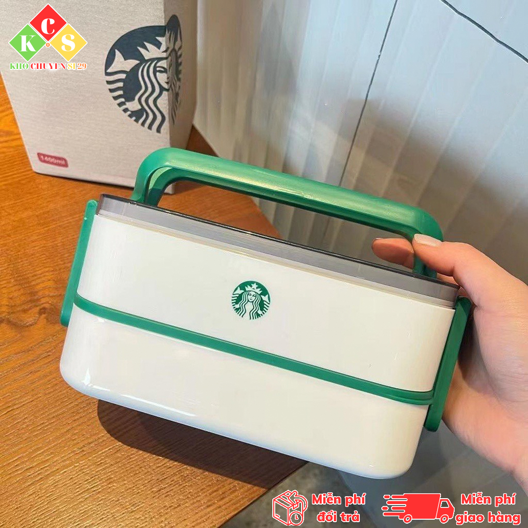 Hộp cơm giữ nhiệt Starbuck 2 tầng 3 ngăn xanh lá