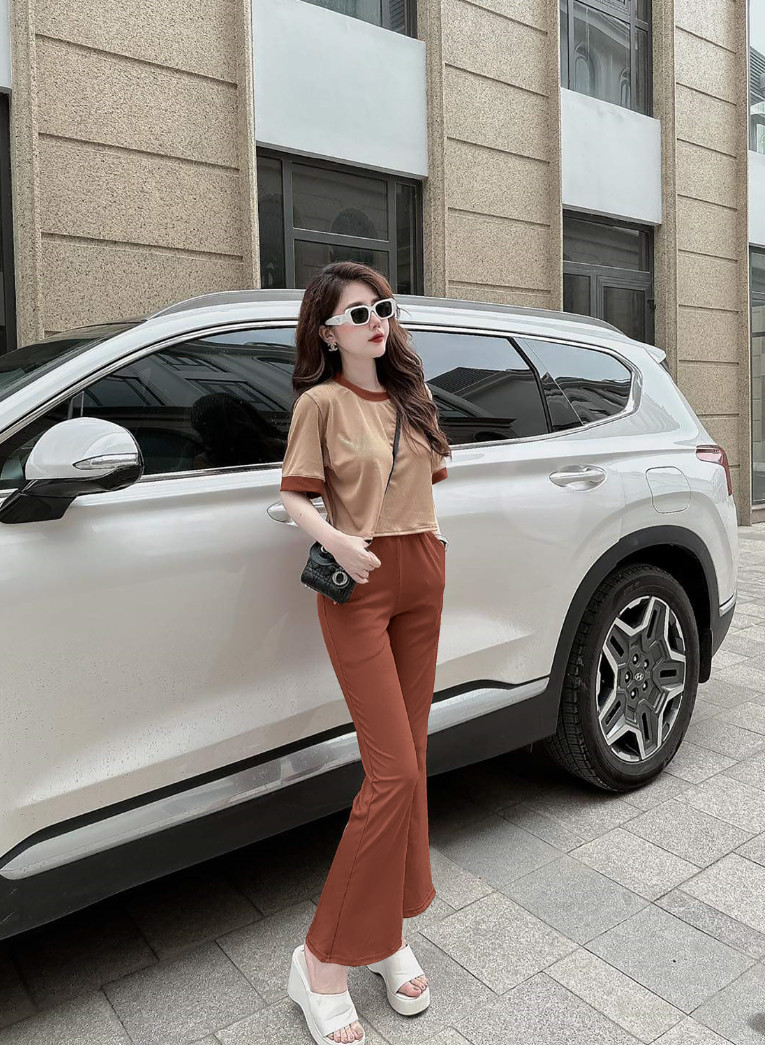 Set Thun gân áo ngắn quần ống rộng Siêu Xinh- Mẫu mặc phối màu