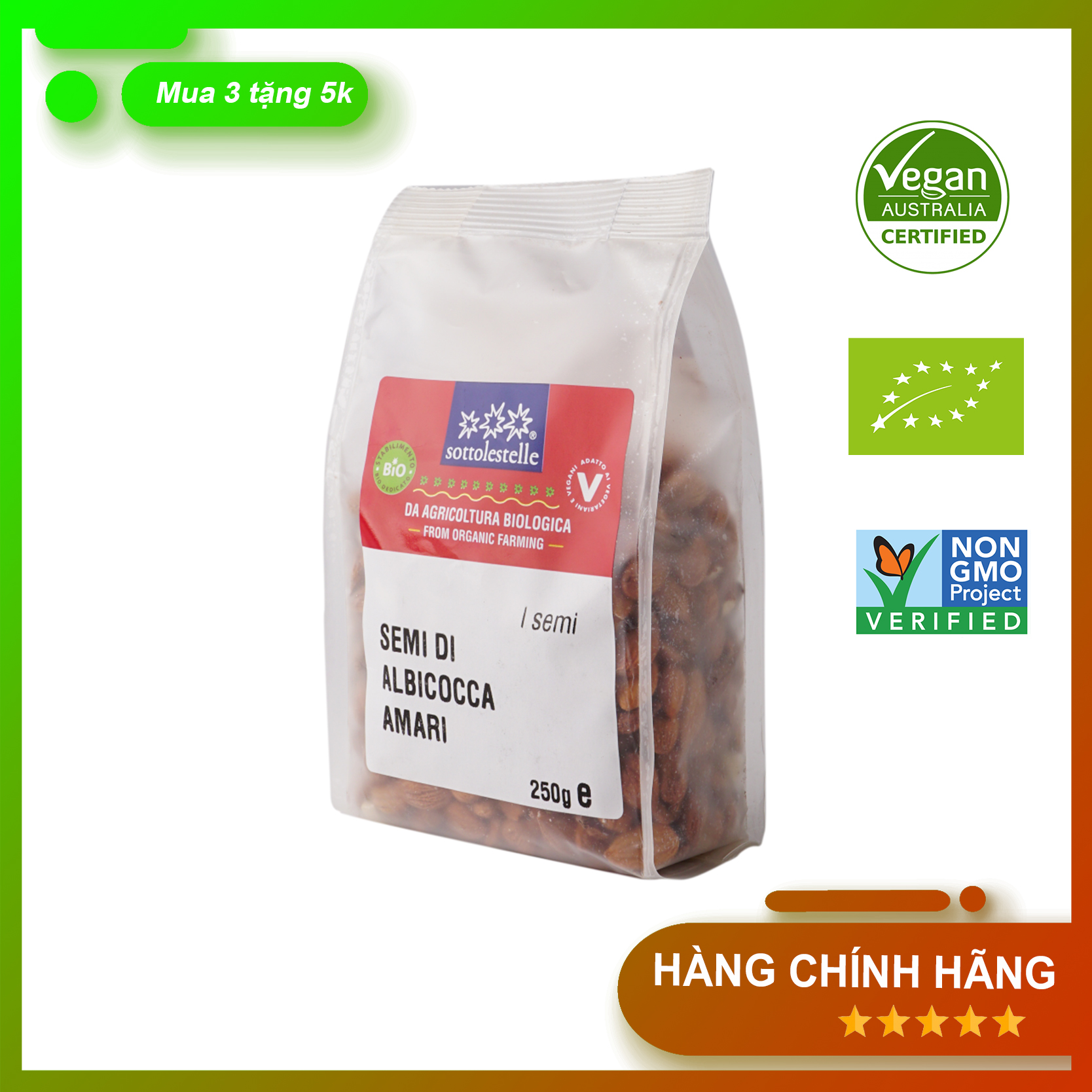 Nhân hạt mơ đắng hữu cơ 250g Sottolestelle Organic Bitter Apricot Kernels