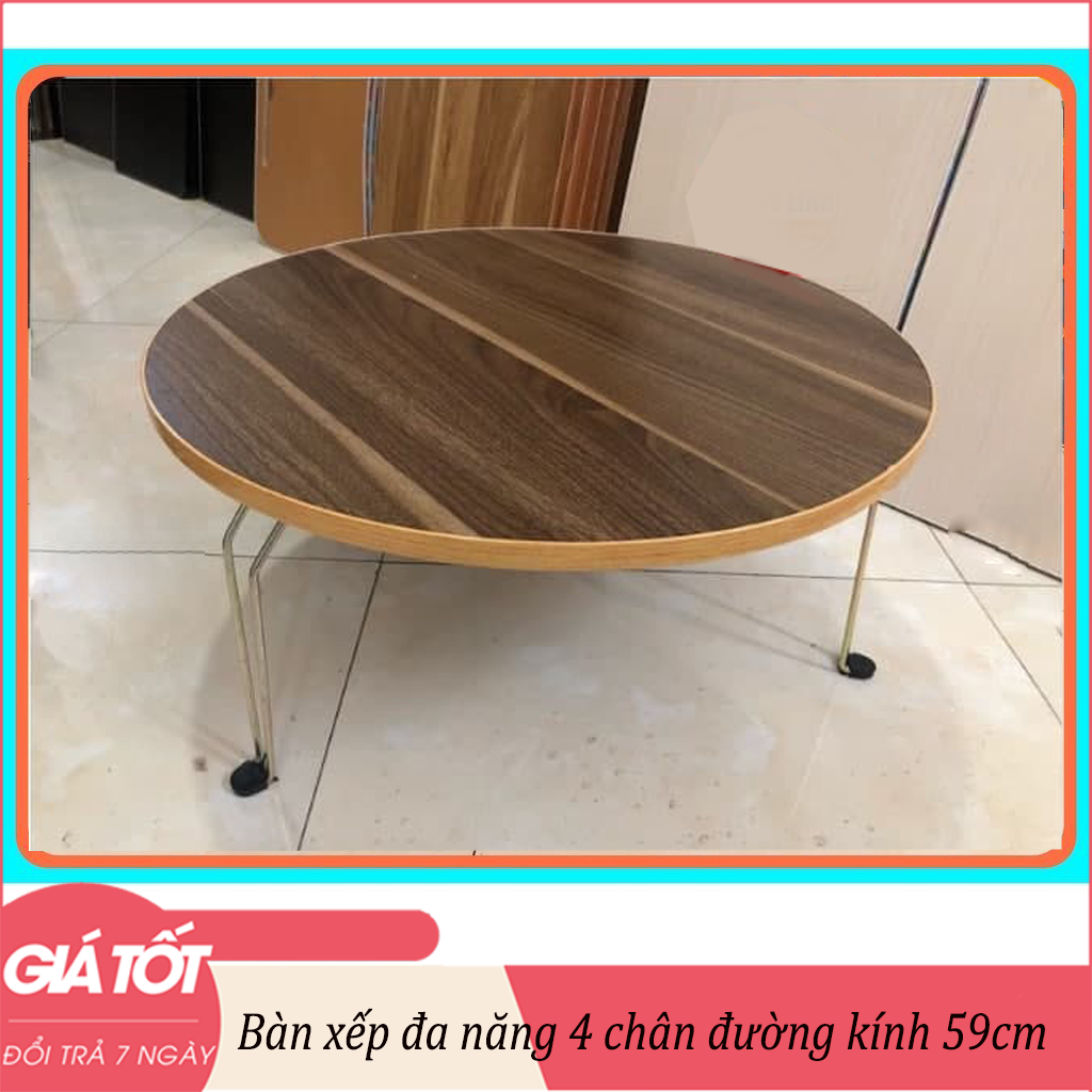 Bàn xếp đa năng 4 chân, mặt vân gỗ đường kính 60cm - Bàn ăn tiện dụng - Bàn ăn cơm chân xếp đa năng - Bàn tròn gấp gọn màu trắng
