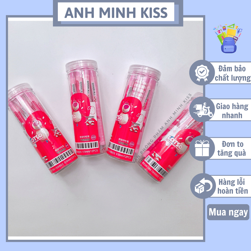 Lon 12 cây bút gel bấm bôi xóa được mẫu gấu dâu mực xanh tím