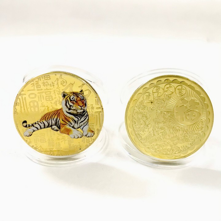 Xu con cọp in màu 3d vàng đường kính đồng xu 4cm tmt collection -sp005300