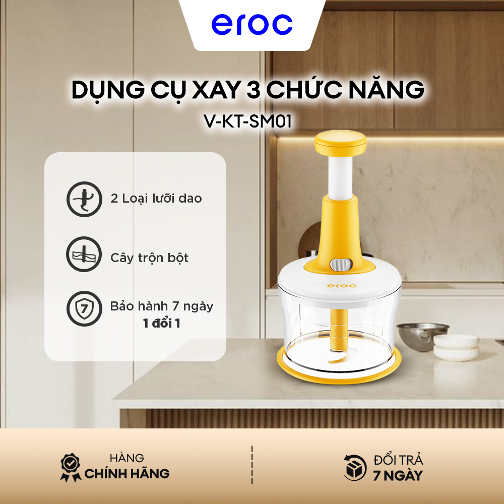 Máy Xay Thịt, Máy Xay Tỏi Ớt, Trộn Bột Làm Bánh Eroc V-KT-SM01 - Multifunctional Vegetable Processor [Bộ 2 Lưỡi Dao, Cây Trộn Bột] - Hàng Chính Hãng Eroc