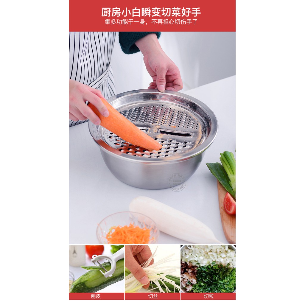 Bộ dụng cụ nạo rau củ quả đa năng, Bộ Dụng Cụ Cắt - Thái - Rửa Rau Củ Thông Minh Đa Năng Kèm Rổ inox