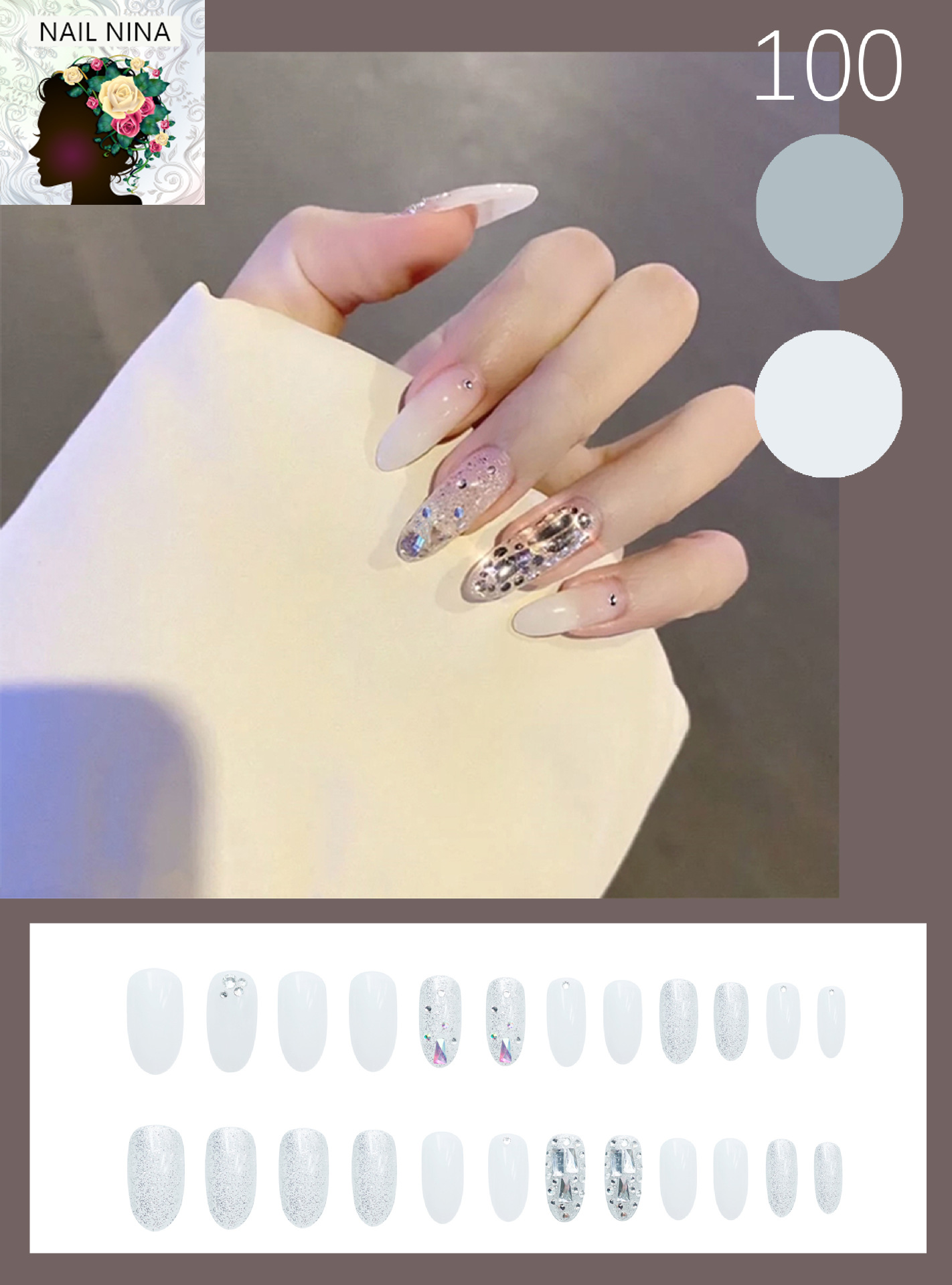 Bộ 24 móng tay giả Nail Nina trang trí đá bạc Ladder Rhinestone mã 100【Tặng kèm dụng cụ lắp】