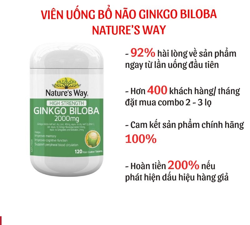Viên uống bổ não natures way ginkgo biloba 2000mg 120 viên úc