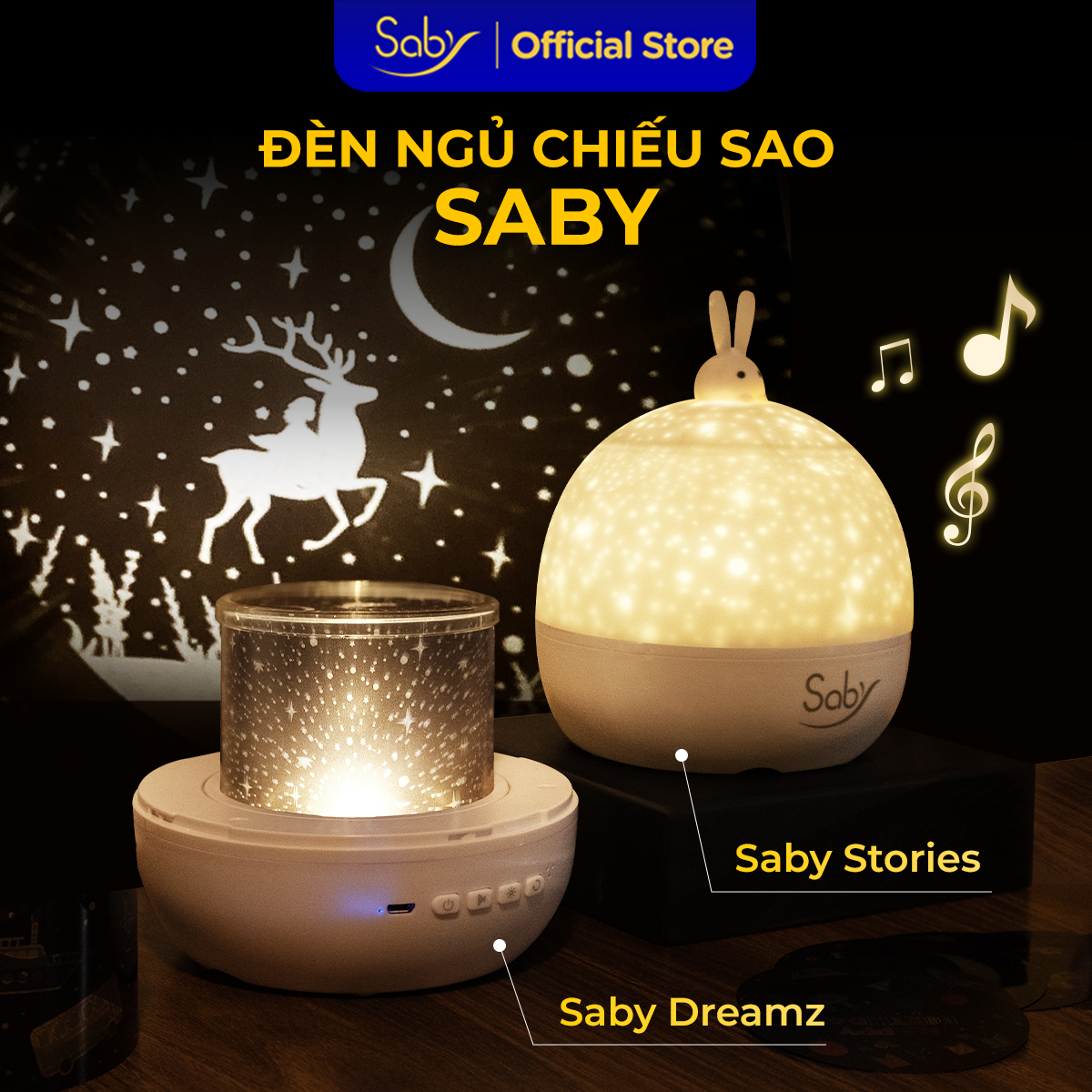 Đèn ngủ chiếu sao Saby Dreamz, Saby Stories, tấm phim chiếu hươu sao, đèn chiếu trần đa dạng lựa chọn phim chiếu, BH 12 tháng