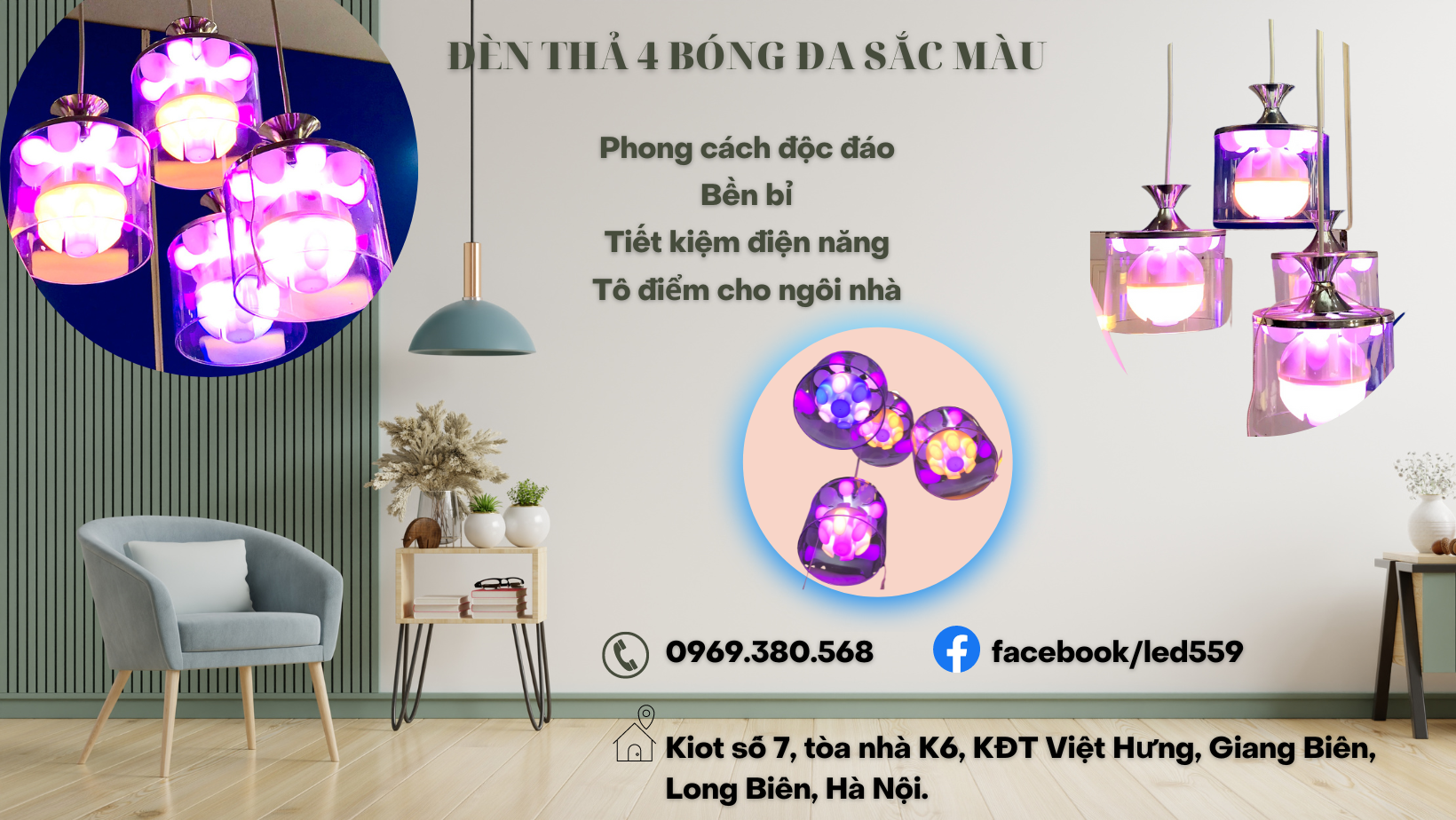 Đèn LED thả trần 4 bóng đa màu