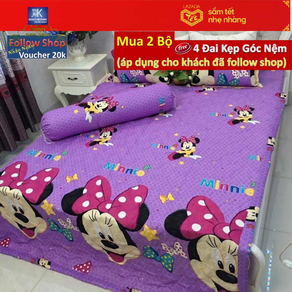 Bộ chăn ga gối phủ Micky mouse tím hồng