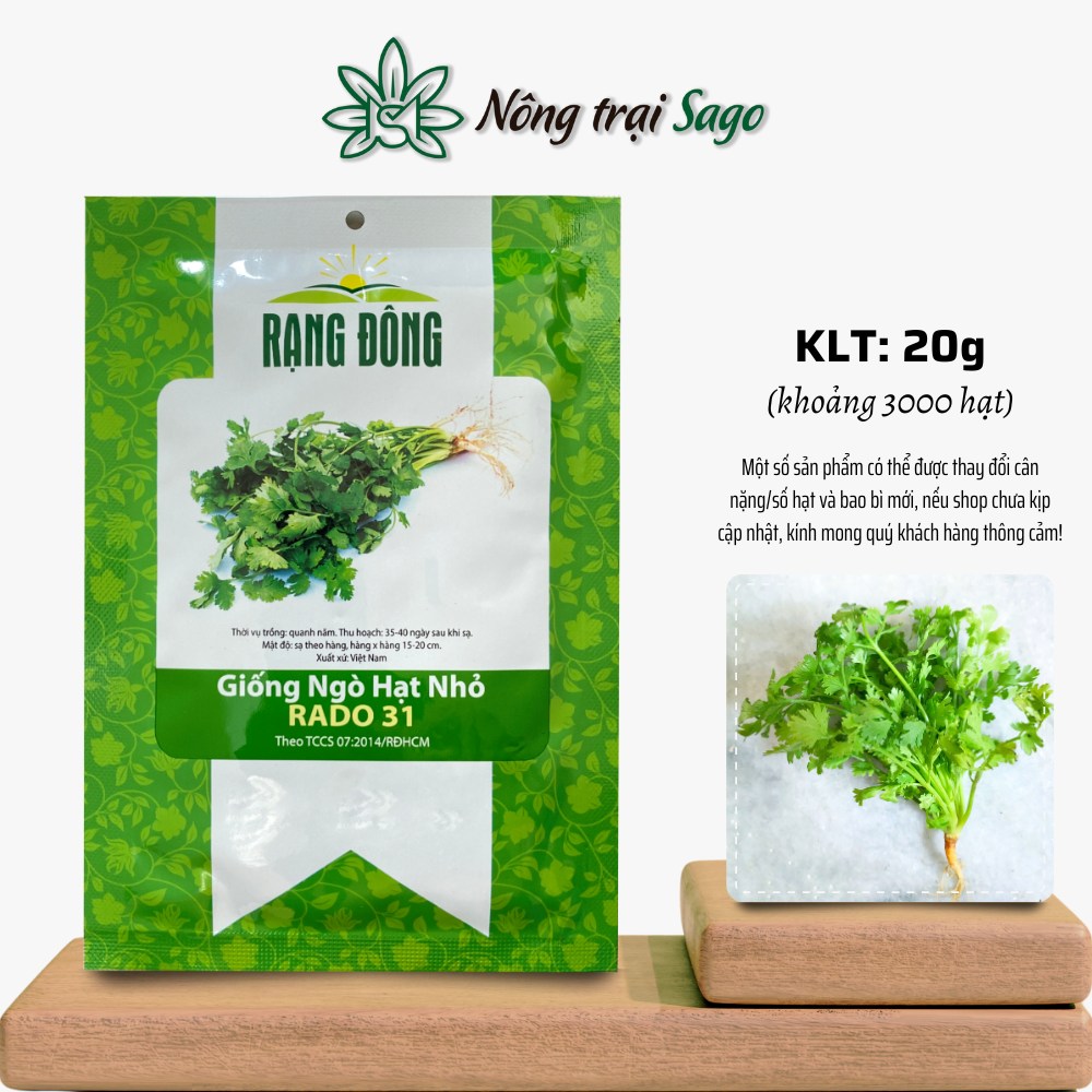 Hạt giống Ngò Hạt Nhỏ Rado 31 (20g~3000 hạt) nảy mầm tốt, nhanh thu hoạch, trồng quanh năm, hiệu Hạt giống Rạng Đông - Nông Trại Sago