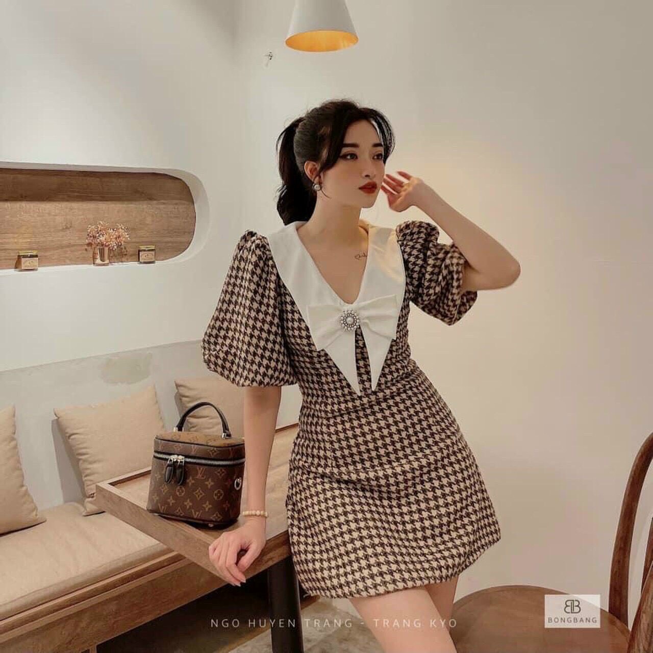 [ Voucher 50k Freeship Max 0 đồng toàn quốc ]ĐẦM CARO CỔ NHỌN TAY PHỒNG XINH XẮN THÍCH HỢP ĐI CHƠI DỰ TIỆC