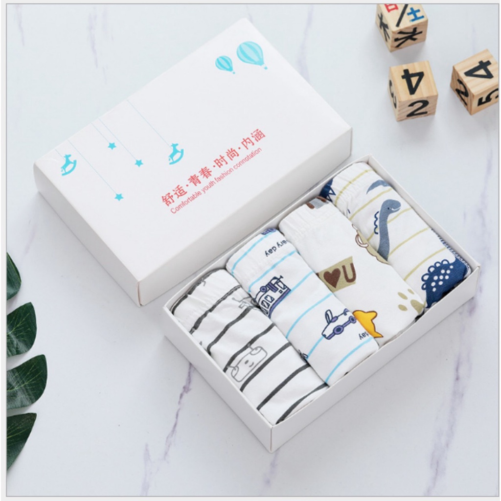Quần lót bé trai cao cấp hình khủng long - combo 4 quần chip đùi bé trai kháng khuẩn PKBT201