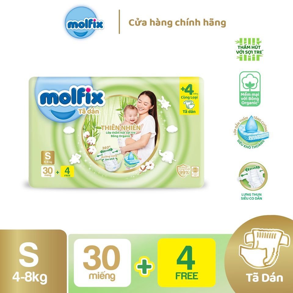 Tã/bỉm dán molfix thiên nhiên regular s - gói 30+4 miếng - gói nhỏ
