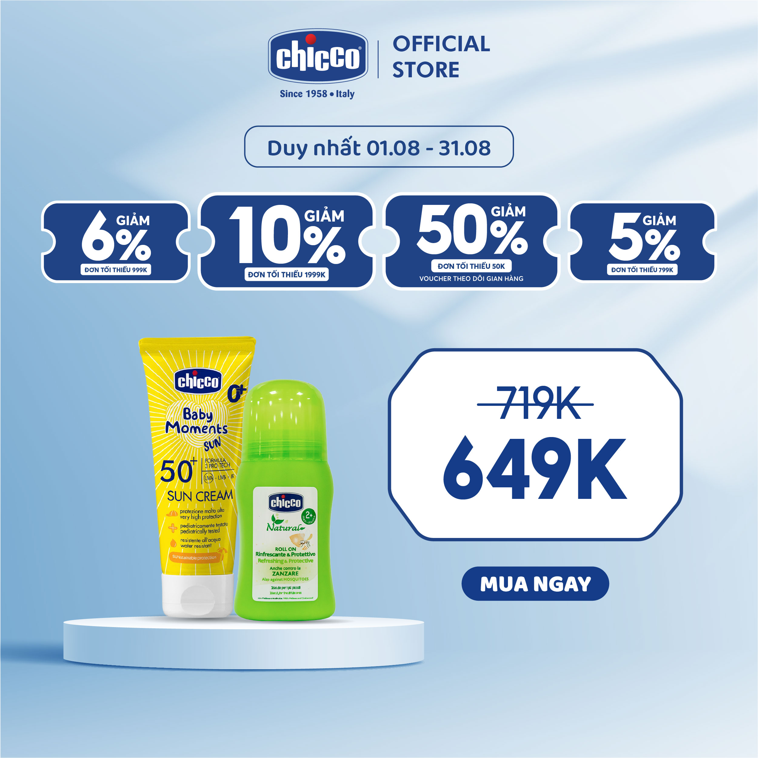 Combo 1 kem chống nắng 3 tác động spf 50+ chicco + 1 lăn đa năng xua muỗi chicco 60ml