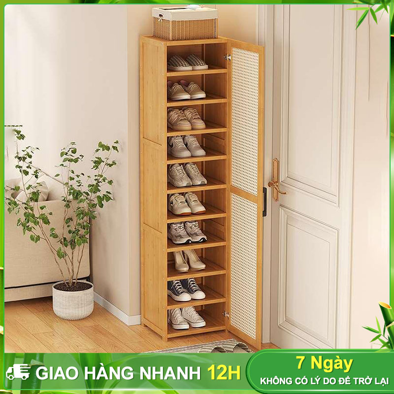 BOHO Tủ giày tre cửa mây tre Cao Cấp đan Vintage Kệ để giày dép Tủ giày thông minh
