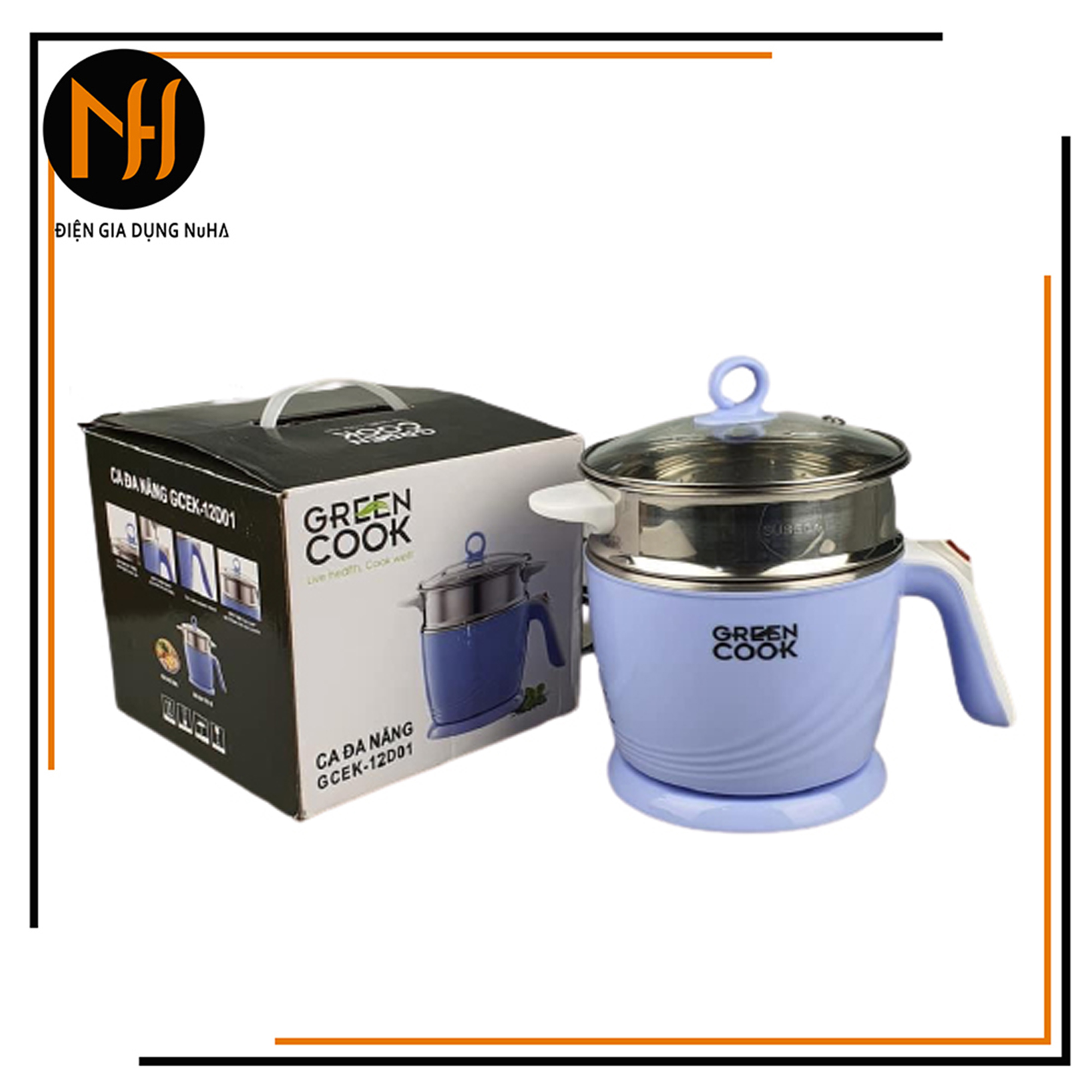 Ca nấu lẩu nấu mì đa năng mini có tầng hấp greencook gcek-12d01 600w dung tích 1.2l