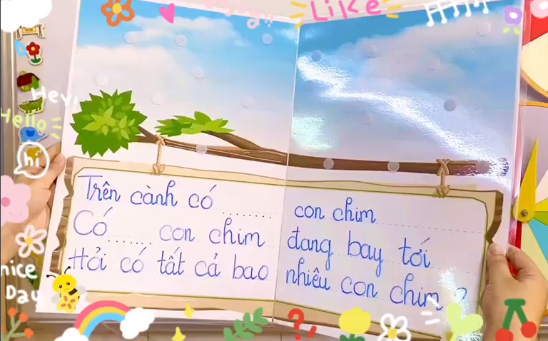 Cành cây học toán A2 + 9 chim hướng trái + 9 chim hướng phải