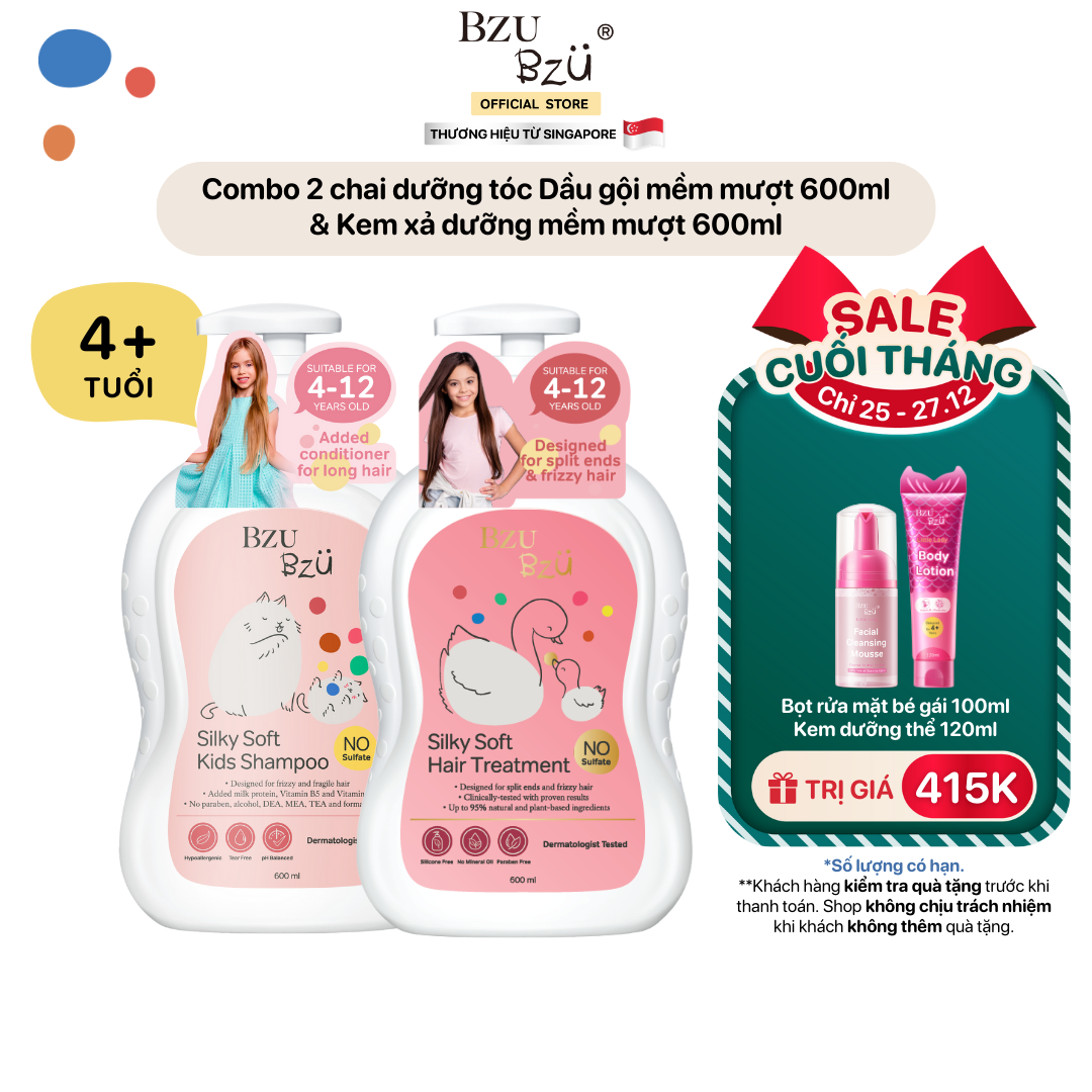 Combo 2 Chai Dưỡng Tóc BZU BZU Dầu Gội Trẻ Em Cho Tóc Chắc Khoẻ 600Ml & Kem Dưỡng Tóc Mềm Mượt 600Ml