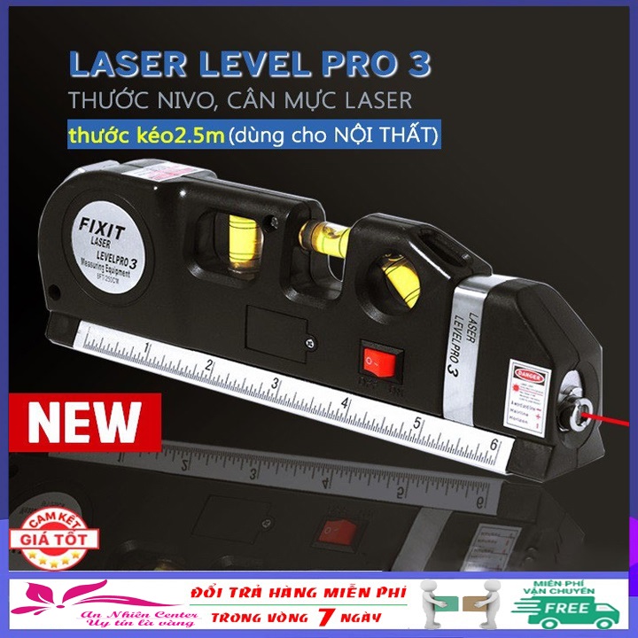 Thước đo khoảng cách bằng Laser Nivo Pro 3 với 2 tia laser thẳng và ngang kèm theo thước kéo dây 2,5m tiện dụng