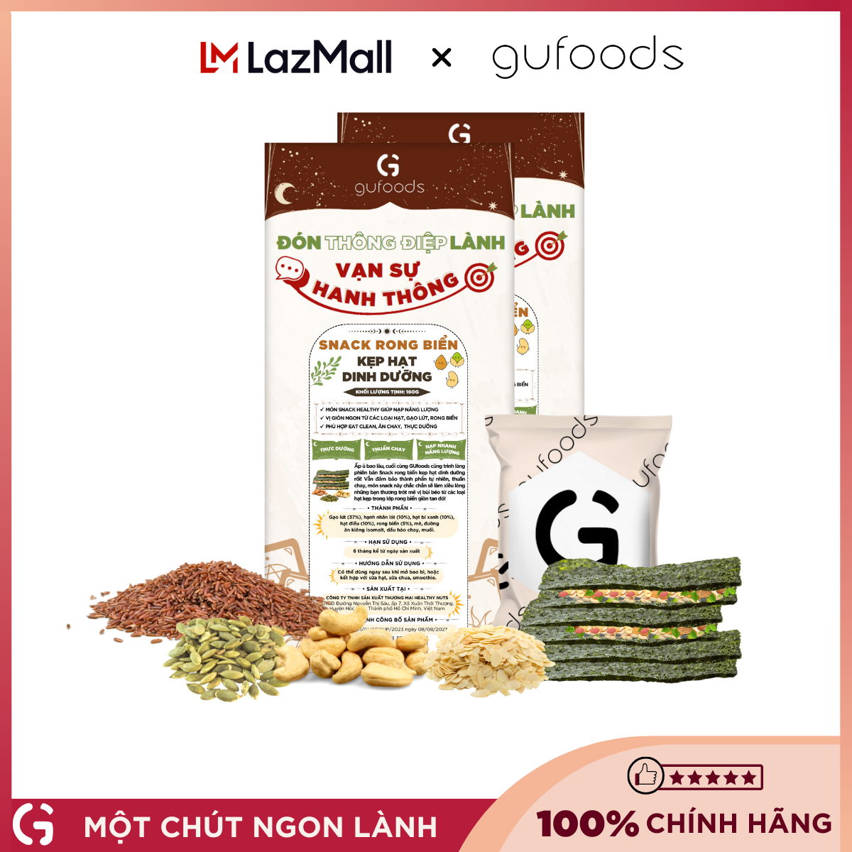 Combo 2 hộp Snack rong biển kẹp hạt dinh dưỡng GUfoods (mỗi hộp 160g) - Nạp nhanh năng lượng, Ăn vặt healthy, Eat clean, Thực dưỡng, Thuần chay.