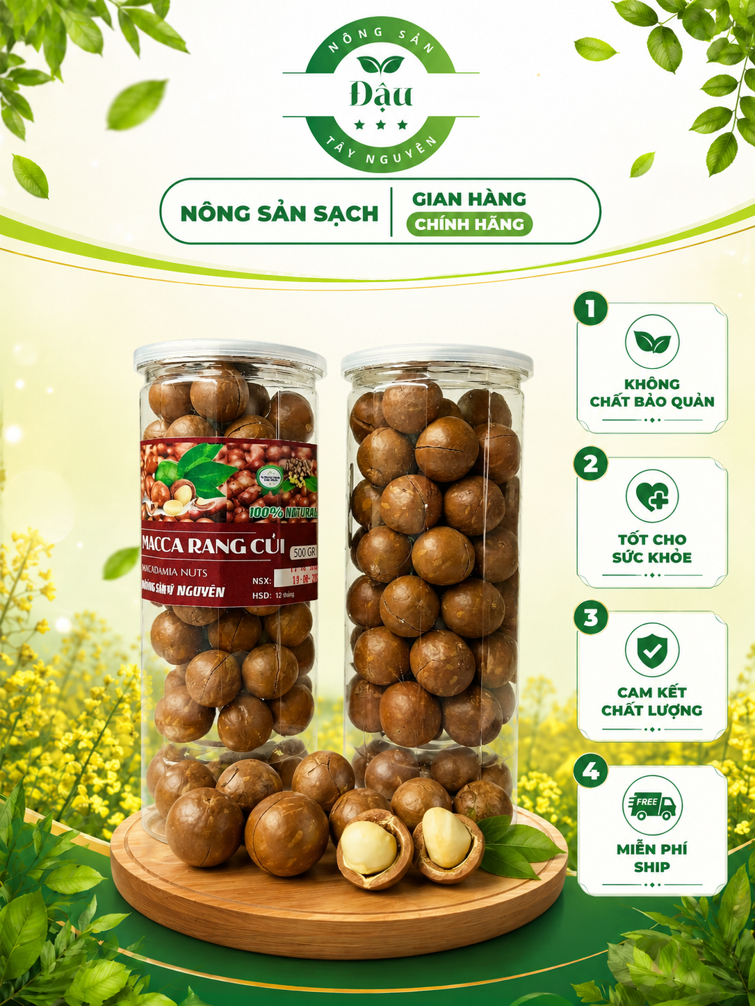 Hạt Macca Rang Củi Tây Nguyên Nứt Vỏ Hộp 500g - Macca Rang Củi Thơm Bùi Giòn Ngon, Tặng Khóa Tách