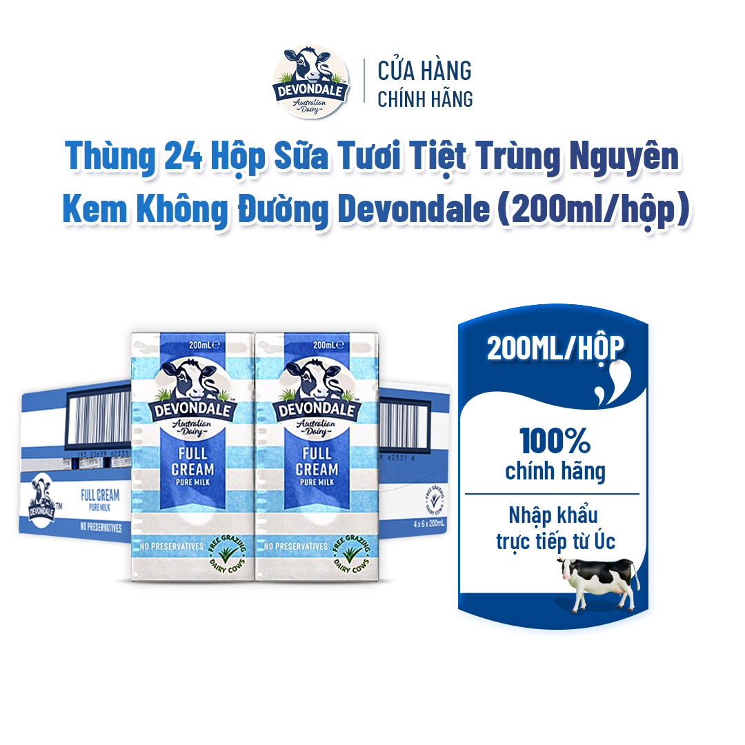 Thùng 24 Hộp Sữa Tươi Tiệt Trùng Nguyên Kem Không Đường Devondale (200ML/Hộp)