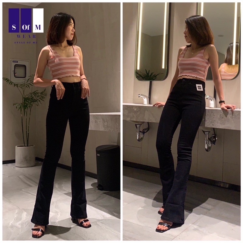 Quần jean ống loe ld01 đen nữ dài sofm wear cạp cao