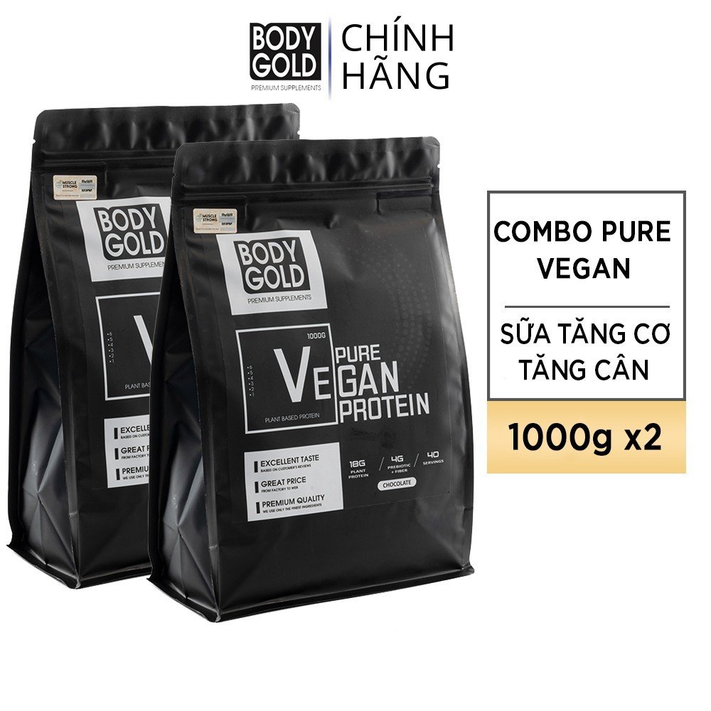 Combo 2 túi sữa tăng cơ thực vật vegan pro body gold 2kg - tặng bình lắc