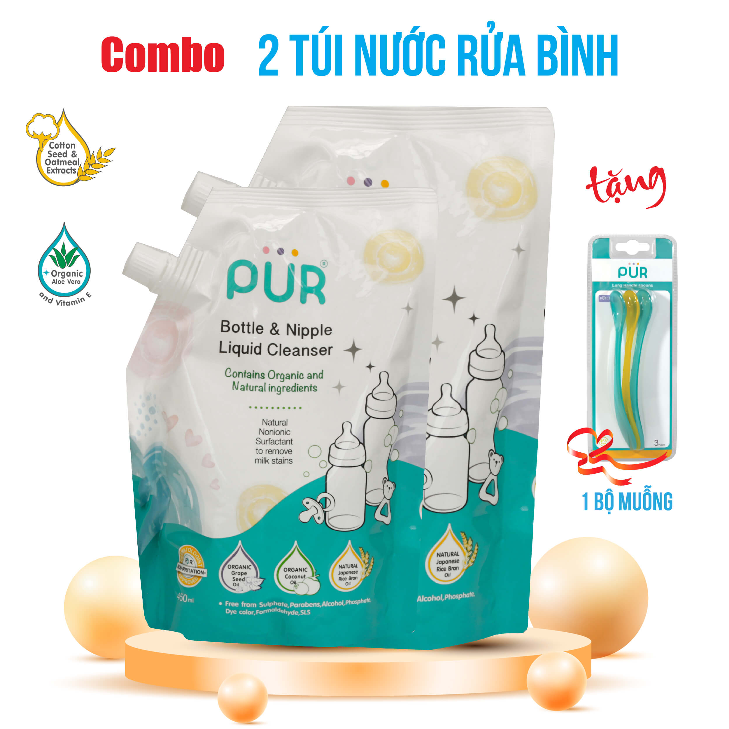 Date 2-2027 - combo 2 túi nước rửa bình sữa và núm ti pur, gói 450ml - tặng bộ muỗng