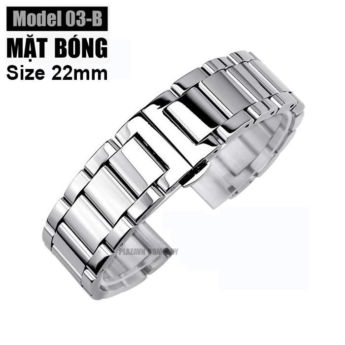 Dây đồng hồ khóa bướm thép không gỉ model 03-B kiểu mặt bóng, chống han gỉ chống bay màu