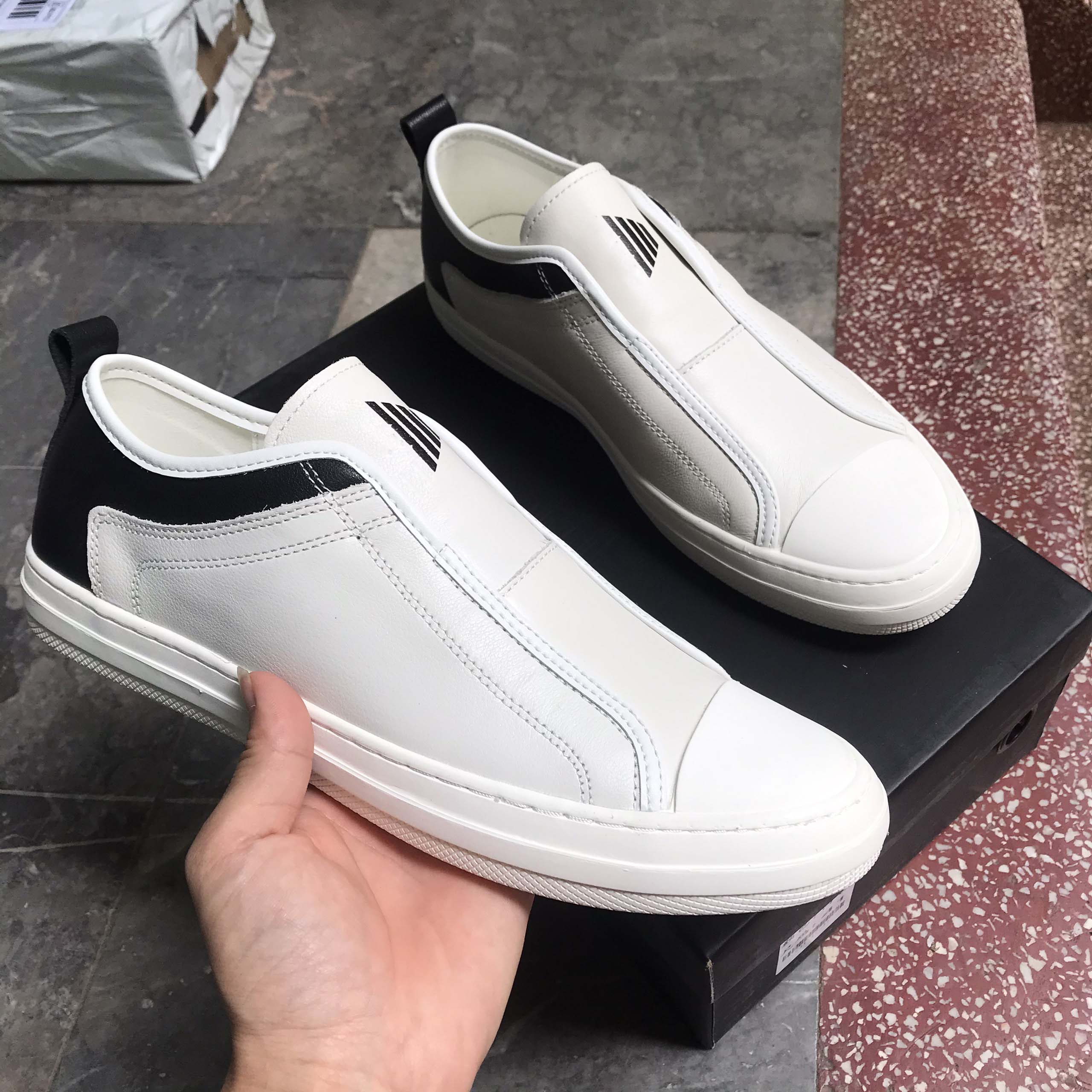 Combo giày nam gn413 + tât cotton - giày nam da bò cao cấp - giày lười da nam đẹp - độc - chất