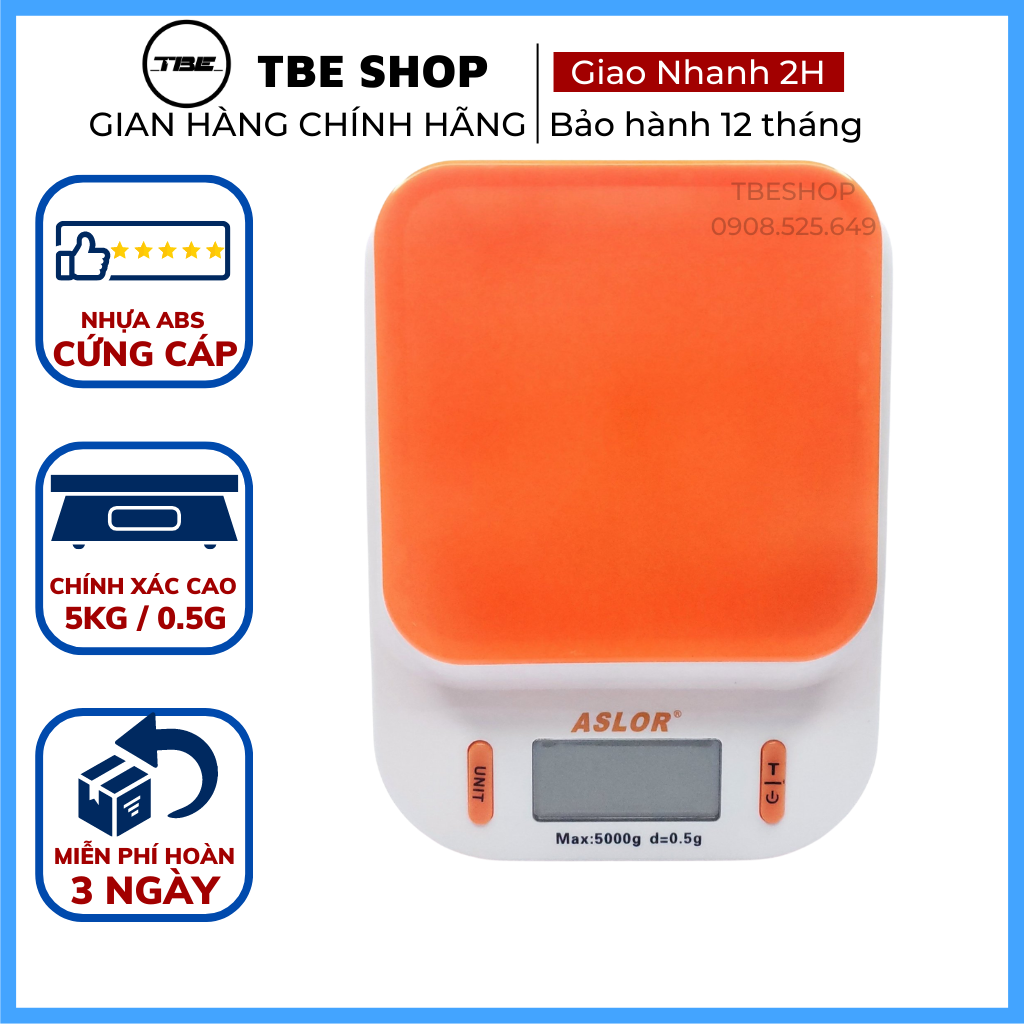 Cân Điện Tử Mini Nhà Bếp 5kg Aslor Độ Chính Xác Cao Đến 0.5g Dùng Làm Bánh Nấu Ăn ( Màu Cam & Xanh Ngọc ) TBE Shop