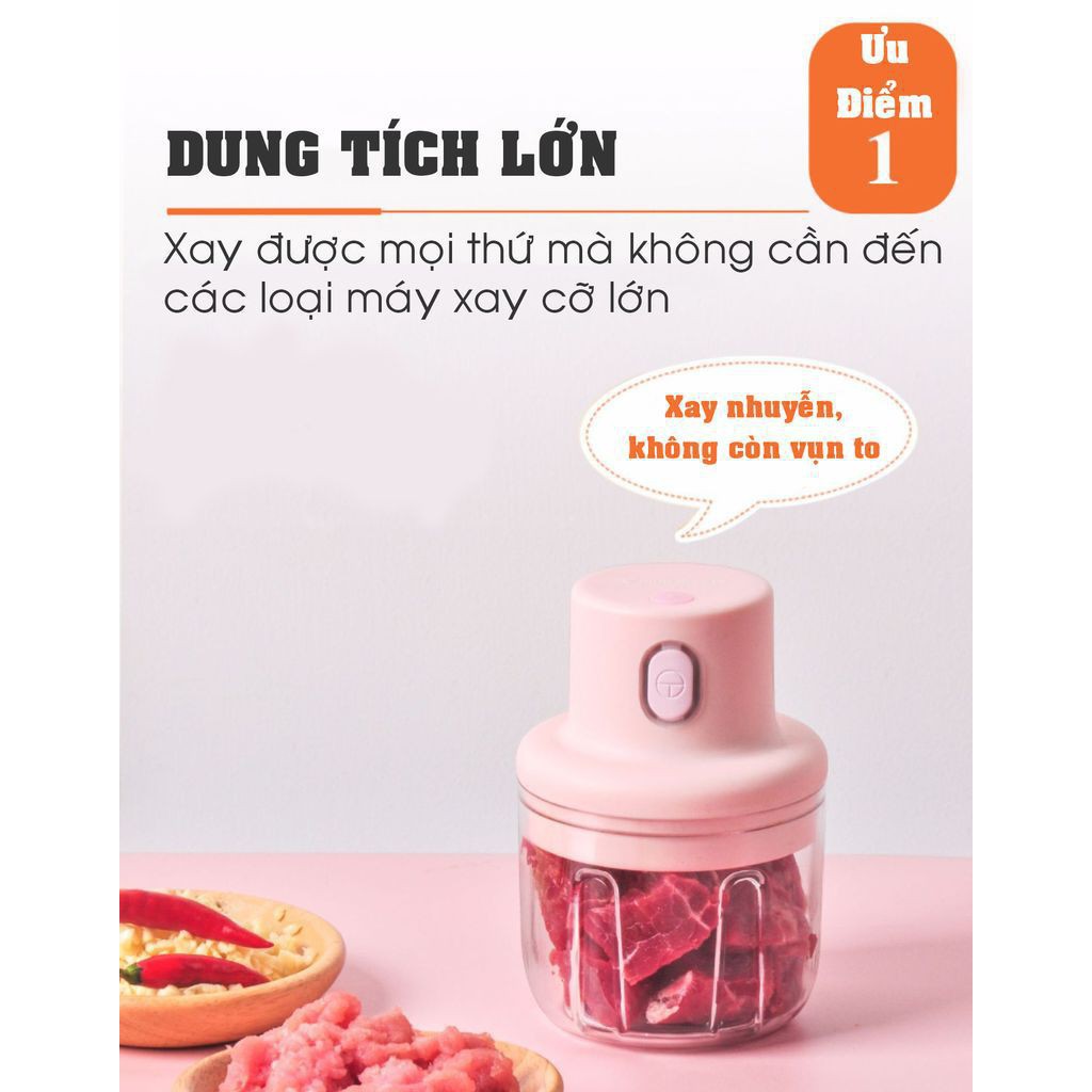 Máy xay hành tỏi mini sạc điện 250ml, máy xay mini, máy xay rau củ thịt, dụng cụ xay tỏi ớt cho nhà bếp cao cấp 250ml với 3 lưỡi dao