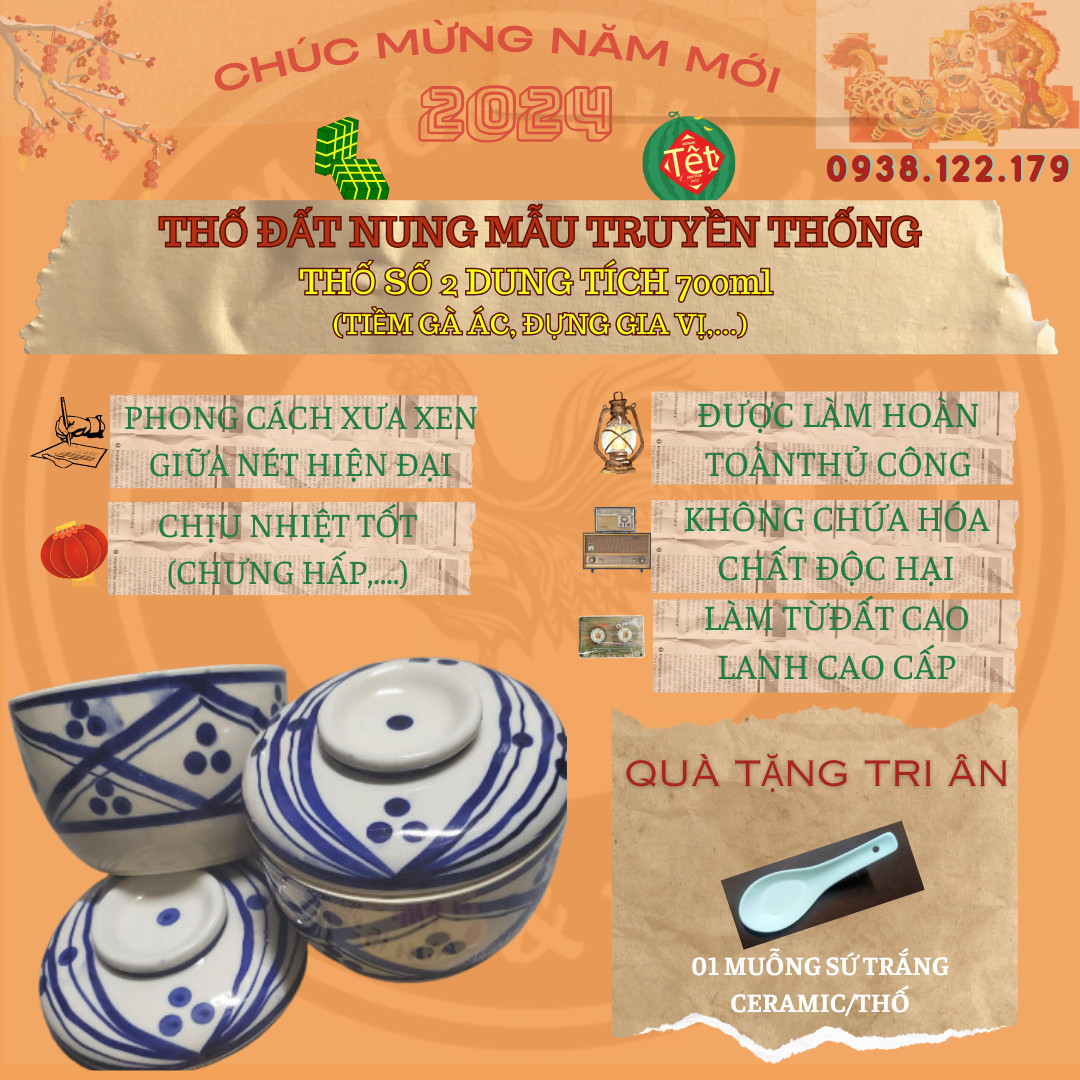 Thố hủ đất nung truyền thống số 2 đường kính 13cm dung tích 700ml