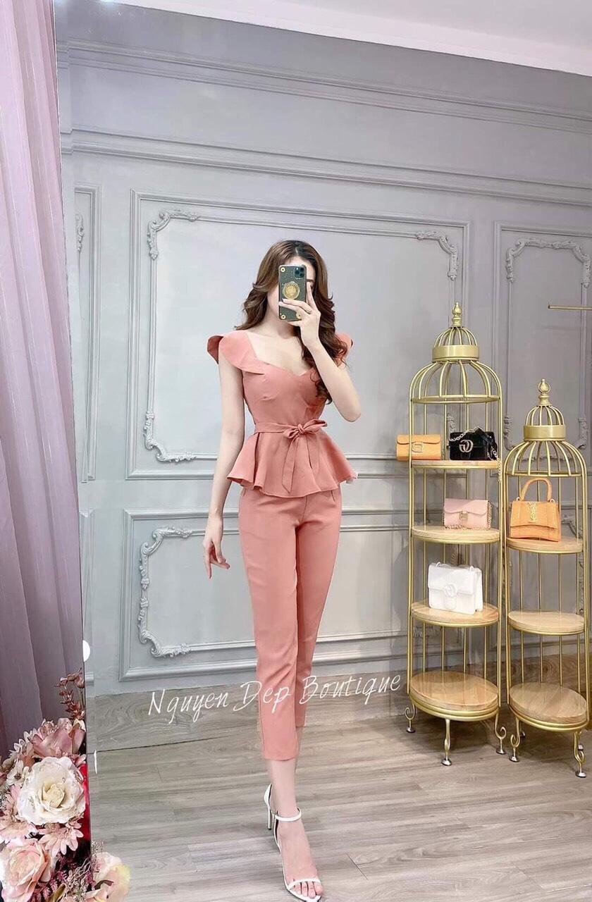 Set bộ nữ quần ống đứng kèm áo cánh tiên cột nơ eo