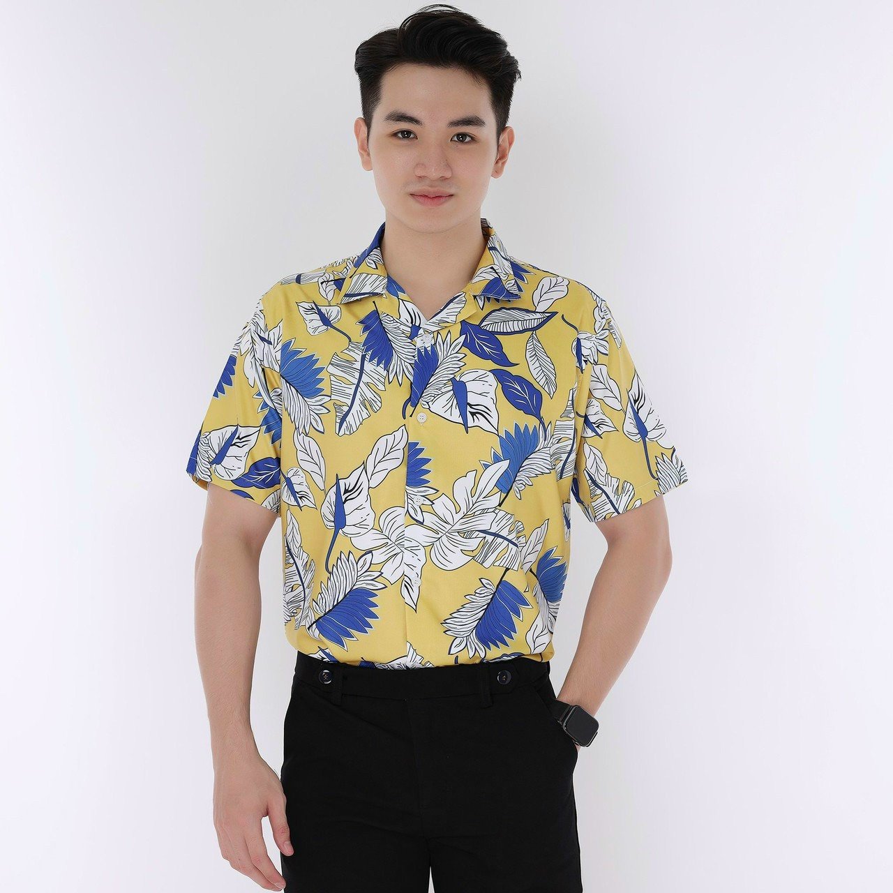 Áo đôi sơ mi trắng nam nữ họa tiết hoa lá siêu đẹp | áo cặp nam nữ lunastore86