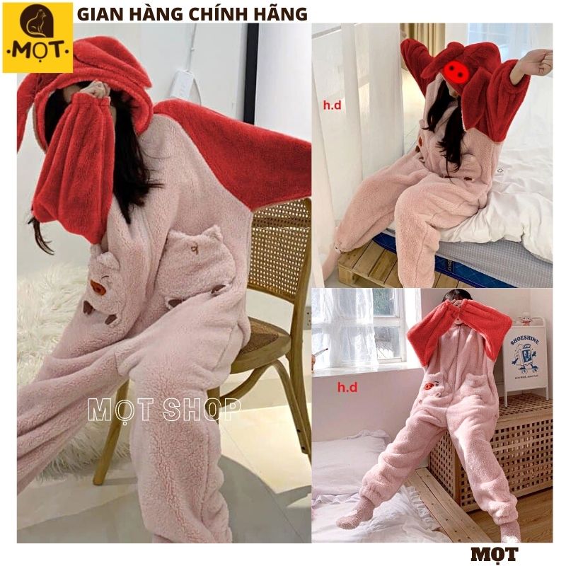 Bộ đồ mặc nhà lông cừu tai thỏ hồng siêu kute dễ thương ,bộ ngủ ấp áp mùa đông - MỌT