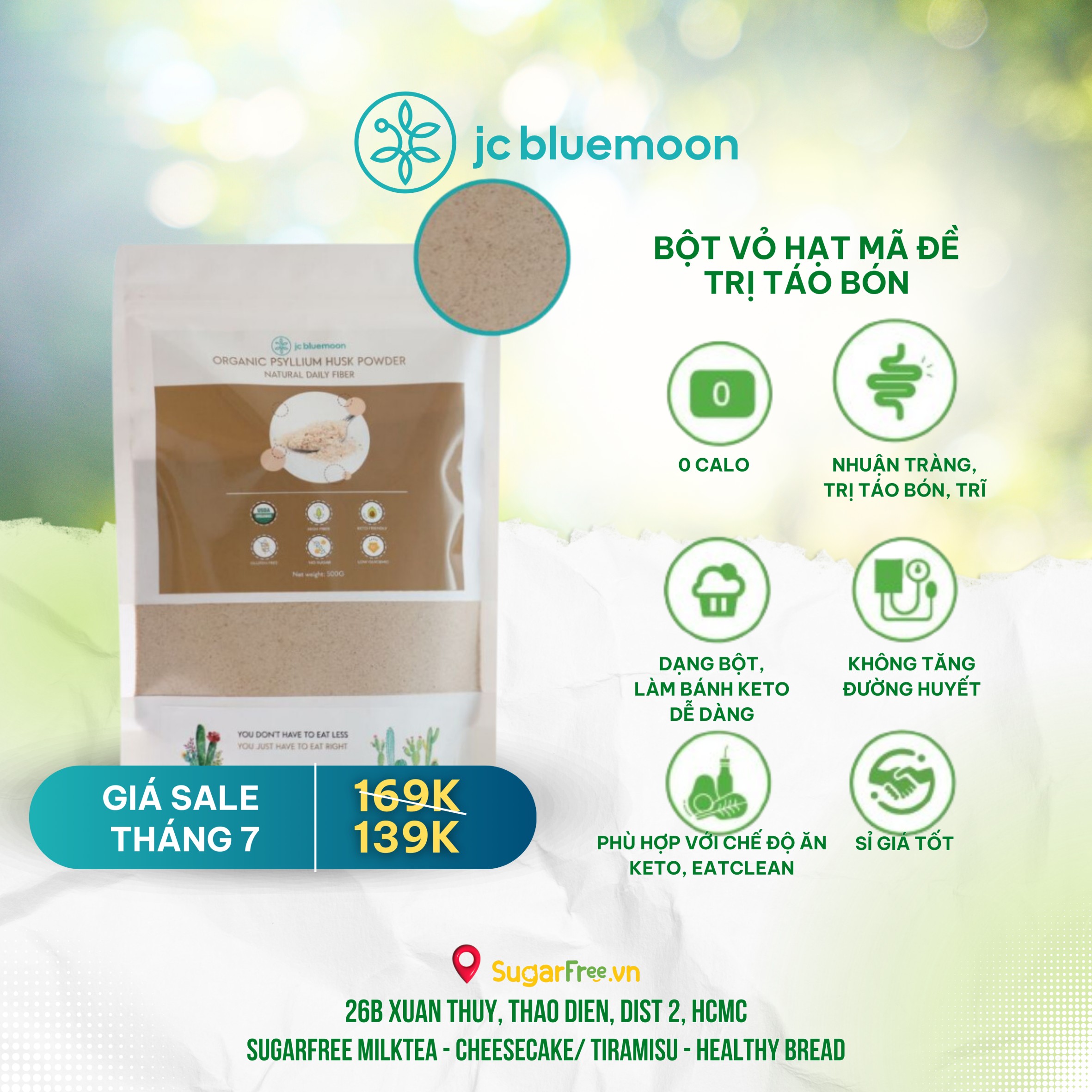 SALE CỰC RẺ -  Bột vỏ hạt mã đề hữu cơ Keto JC BLUEMOON | Organic Psyllium Husk Powder 200G