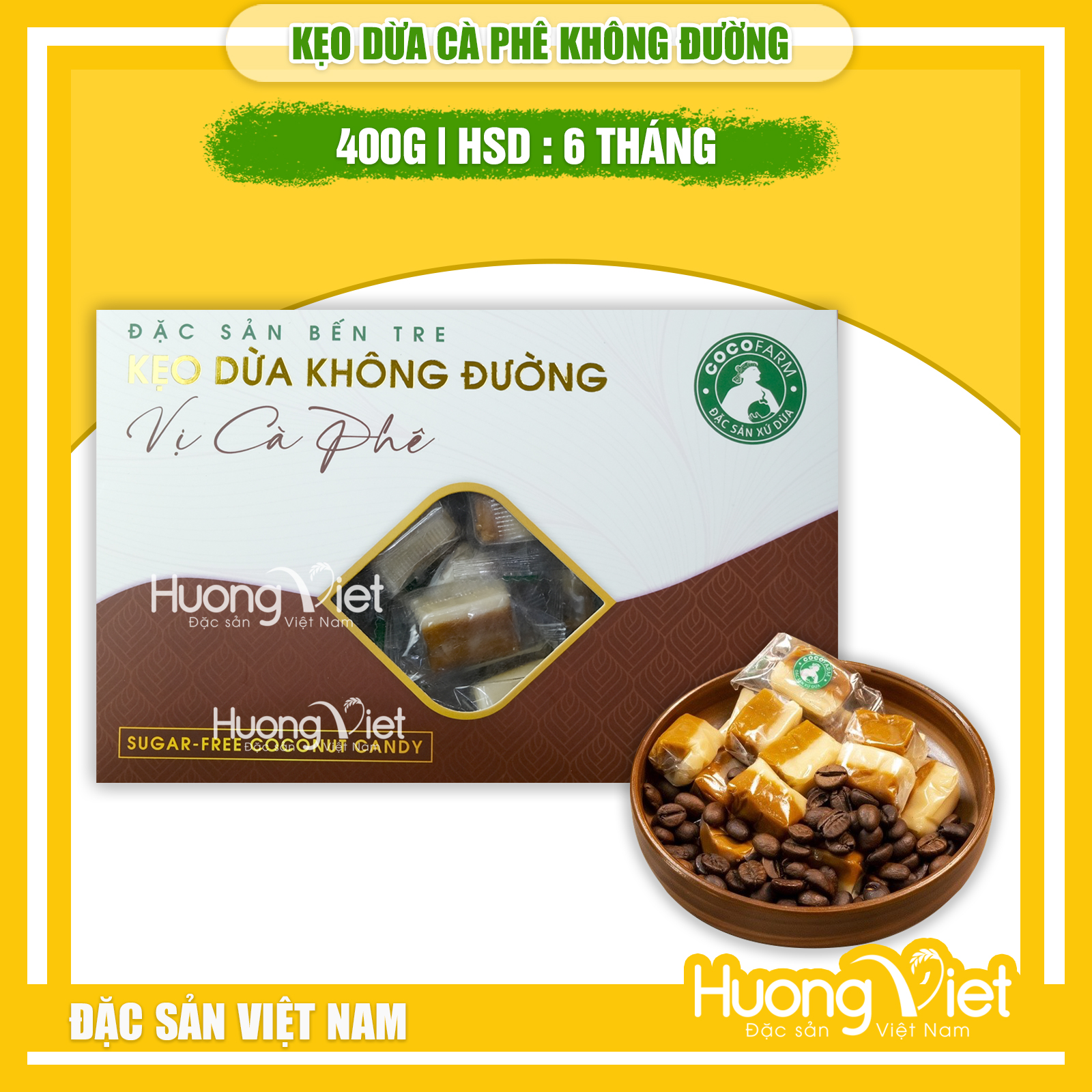 Kẹo dừa không đường, kẹo dừa CÀ PHÊ không đường Bến Tre Cocofarm - No sugar coconut candy 400g