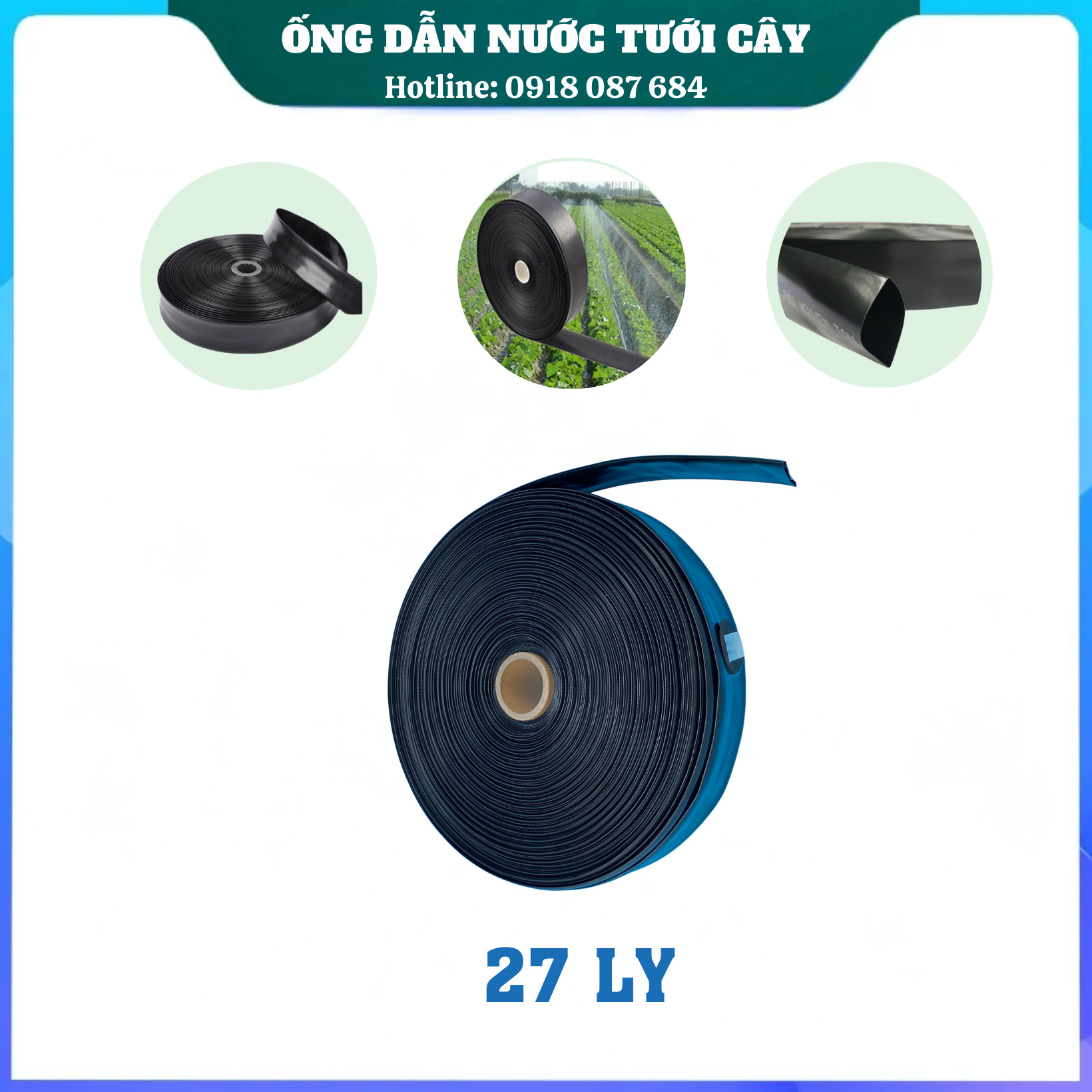 Ống tưới dẹp, phi 27mm, dùng dẫn nước tưới cây. Ống không đục lỗ, màu đen, dài 100m