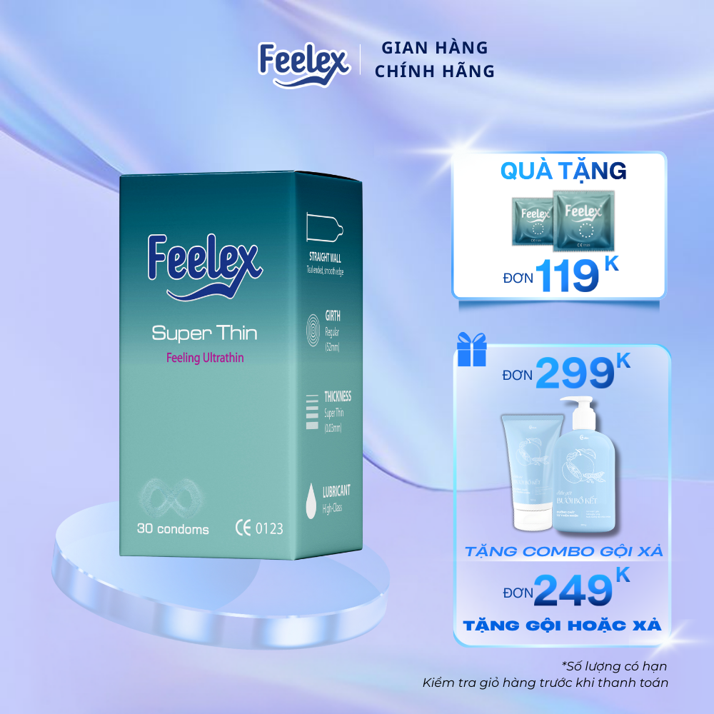 Bao cao su nam gia đình Feelex Super Thin siêu mỏng siêu trơn, hương dâu, vani, hộp 30 chiếc