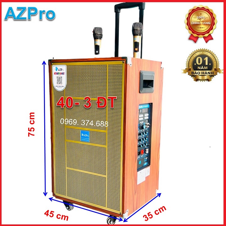 Loa kéo Bluetooth chính hãng AZPRO, Az-16-A-Pro, bass 40-3 đường tiếng, Mạch 10 núm chỉnh có reverb,Thùng gỗ cao cấp, tặng 2 mic không dây