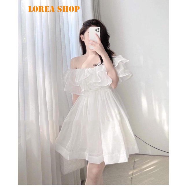 Váy trễ vai voan 2 lớp đầm nữ dáng xoè nữ màu trắng