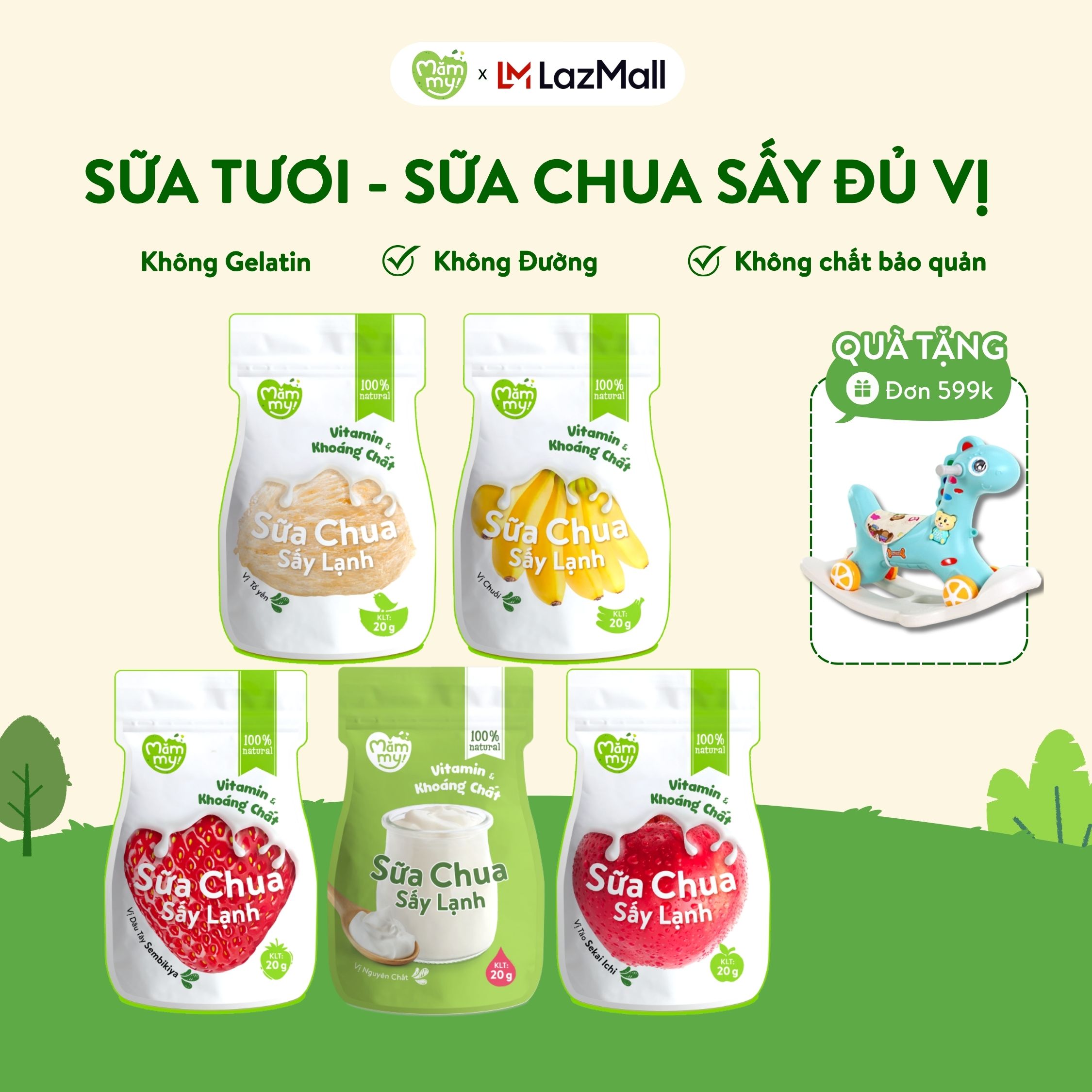 Sữa chua sấy lạnh Mămmy 5 vị: Tổ yến, Táo, Dâu, Chuối và Nguyên bản, chống hóc, bổ sung vitamin cho
