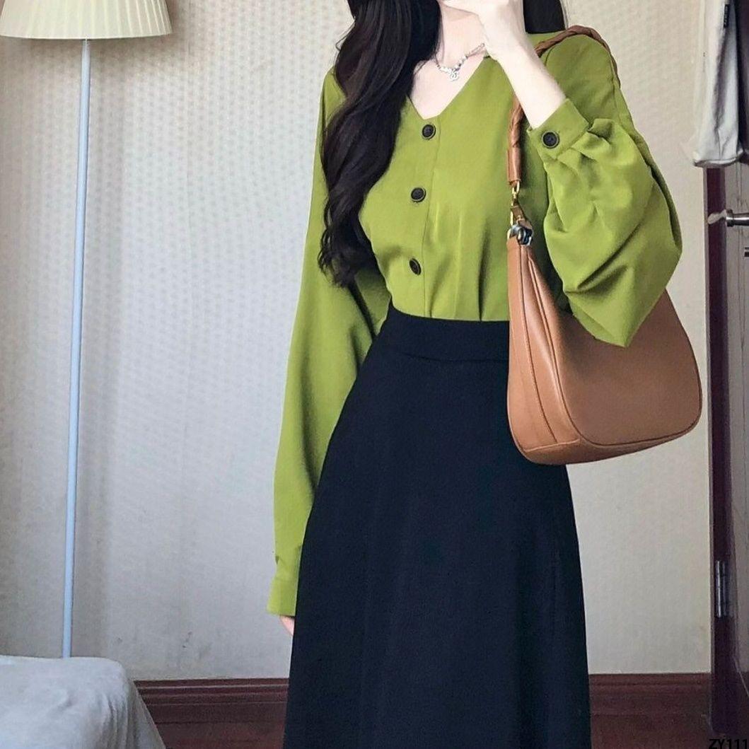 Chân Váy Tôn Dáng, Áo Sơ Mi, Bộ Đồ Nhỏ, Bộ Hai Chiếc Dài Tay Màu Xanh Lá Cây Bơ Mẫu Mới Mùa Thu Cho Nữ Cạp Cao Kiểu Pháp