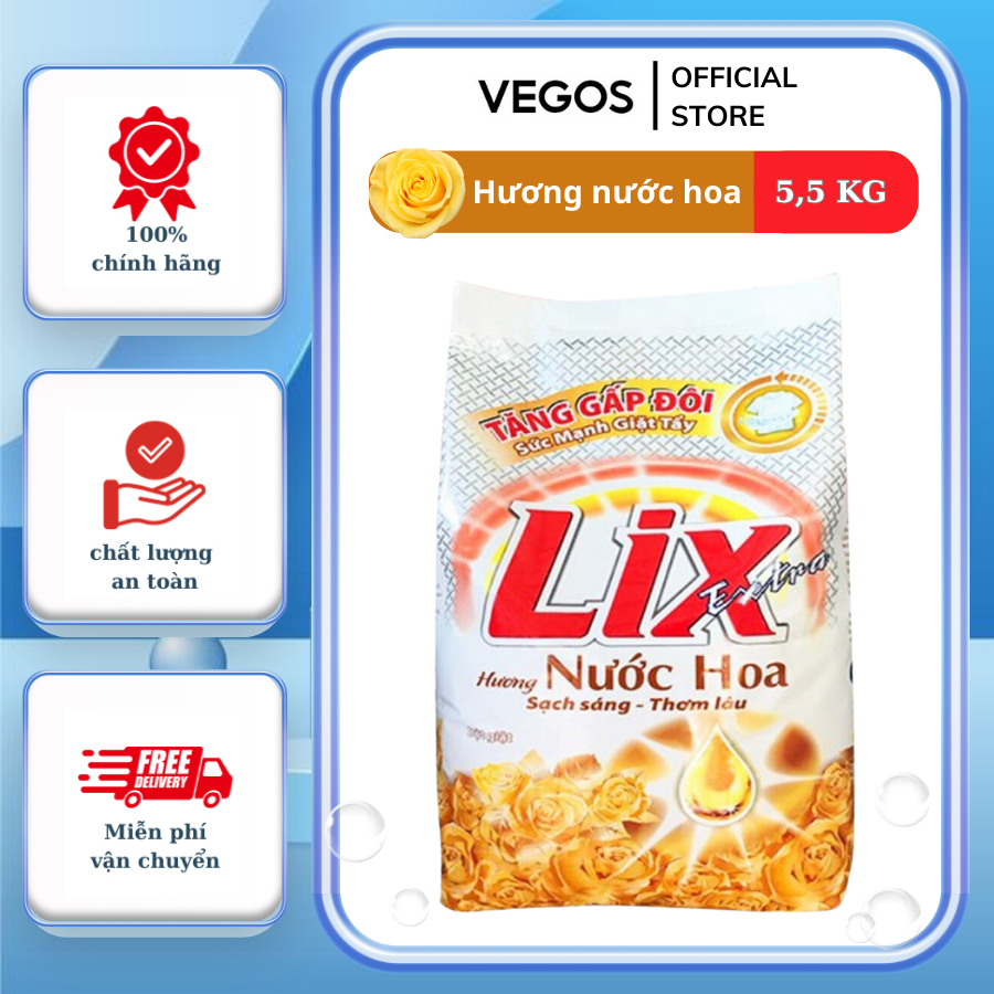 Bột giặt Lix Extra hương nước hoa túi 5,5 kg tăng gấp đôi sức mạnh giúp quần áo sạch thơm lâu cho gi