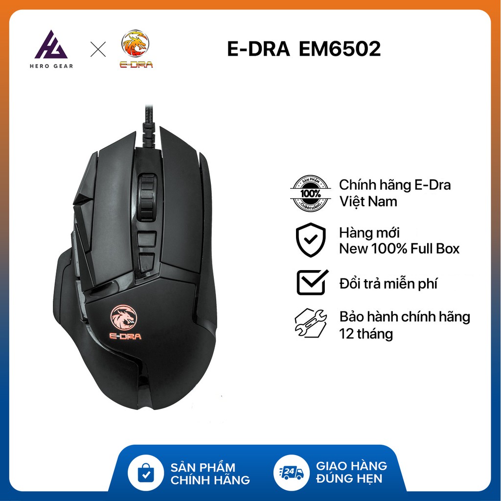Chuột gaming e-dra em6502 - độ bền 50 triệu lượt bấm - chống nước - 12400 dpi - led rgb - bảo hành 24 tháng