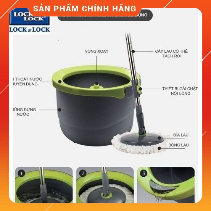 Bộ Cây Lau Nhà Xoay Tay Tặng Kèm 2 Bông Lau Lock&Lock Corner ETM494, Thân Cây Lau Là Thép Không Gỉ